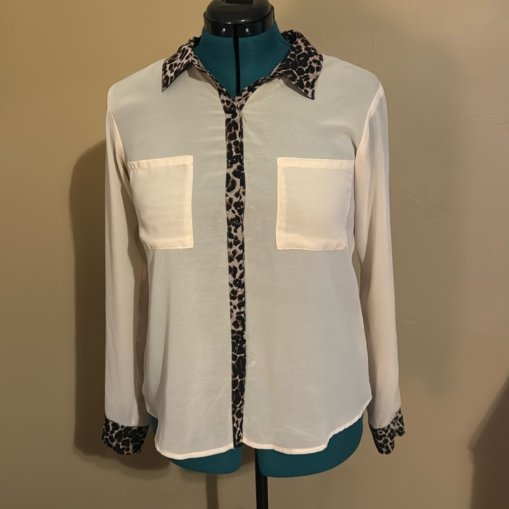 Sheer cream blouse with leopard print details